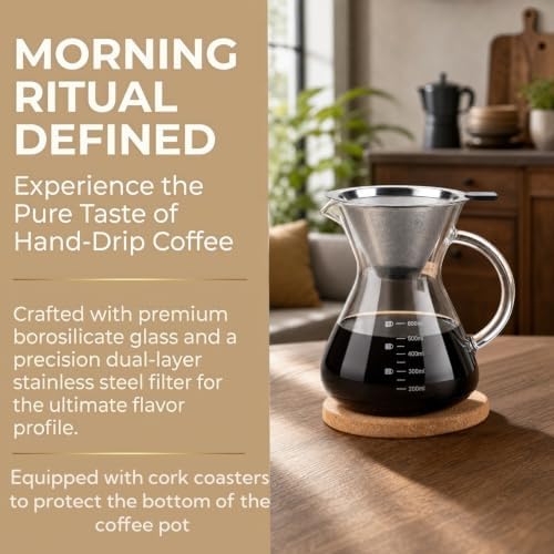 Pour Over Coffee Maker Set with Reusable Stainless Filter 20 fl oz, Heat-Resistant Borosilicate Glass Paperless Pour Over Coffee Dripper with coaster for Home Daily Coffee - Image 5