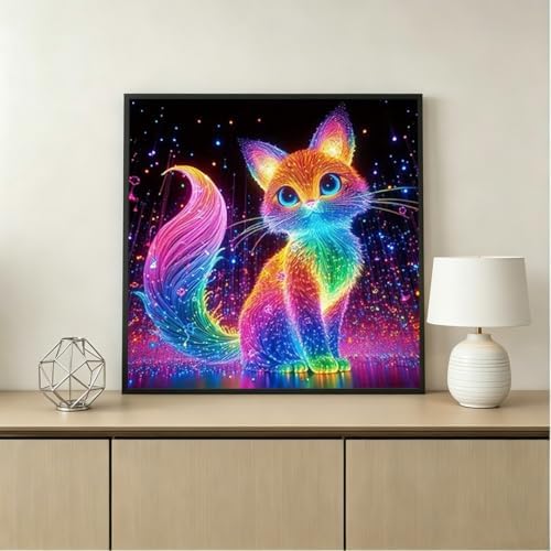 OJTOYART Fluorescence Cat Diamond Art Painting Kits for Adults, 5D Animals Round Full Drill Diamond Painting, DIY Round Full Drill Dots Painting with Gem Art Craft for Home Wall Decor 12 x 16 Inch - Image 2