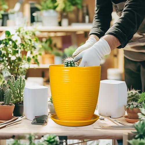 Ceramic Plant Pot - 8 Inch Planter Pot with Drainage Hole and Saucer Round Planter for Indoor Outdoor Plants Flower Pot for Home Patio Garden Office Yellow - Image 4