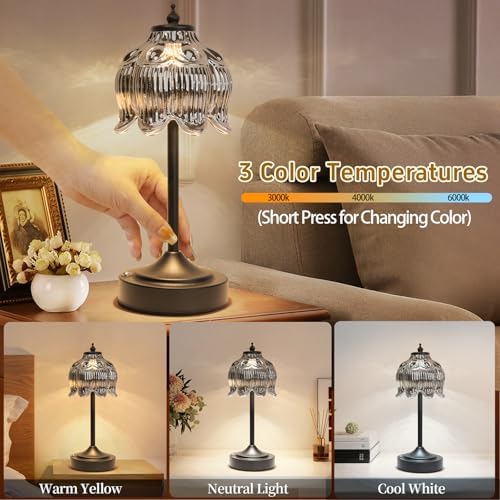 Cordless Table Lamp, Rechargeable Black Glass Lotus Flower Lamp - Image 3