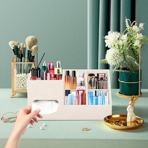 Plus Size Tissue Box Cover-Square Linen Tissue Cover with Side Storage and Tray,Modern Makeup Organizer,Leather Tissue Holder Decorative Cube Organizer for Living Room Vanity NightStand Office,Beige - Image 2