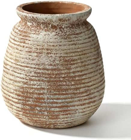 Rustic Terracotta Pot, 7 Inch Short Farmhouse Vase with Weathered Texture, Boho Home Decor for Pampas Grass, Tabletop, Mantel and Shelf Styling by Zipper