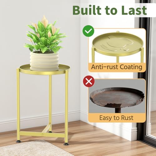 LASZOLA Metal Small Plant Stand Indoor Tall with 11 Inch Large Tray, Gold - Image 3