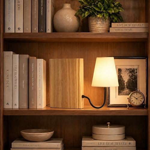 AELS Solid Wood Bookshelf Lamp with Bulb, 3-Color Touch Control Dimmable Table Lamp with Linen Shade, Modern Decorative Bookend Lamp for Bedroom, Office & Bookshelf Decor, Natural - Image 6