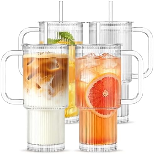 INSETLAN 24 oz Ribbed Glass Tumbler with Handle & Lid – 4-Pack Large Iced Coffee Cups with Straws, Modern Glass Mug for Cold & Hot Beverages, Aesthetic Travel Cup for Smoothies, Tea, and Juice by INSETLAN