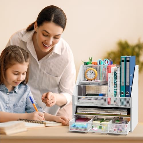 Homsorout Wooden Desk Organizer - Mesh File Organizer with Drawers and Pen Holder - 4-Tier Vertical Paper Letter Storage Tray, Desktop Organizers and Accessories for Home Office （White - Image 6