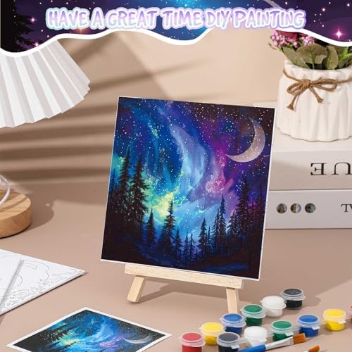 Tenceur 12 Sets Pre Drawn Canvas to Paint Adult Stretched Coloring Painting Canvas Panels with Design Easel and Brushes for Party Supplies Beginner Favor(Starry Aurora) - Image 4