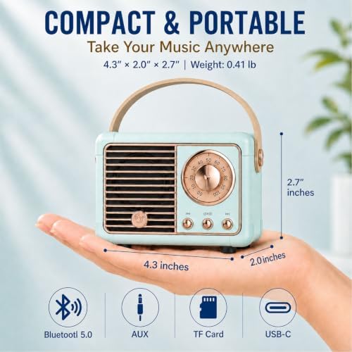 Dosmix Retro Bluetooth Speaker,Small Vintage Decor,Cute Birthday Gifts Blue - Image 2