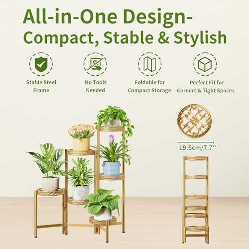 6 Tiered Plant Stand Indoor for Multiple Large Planter, Tall Heavy Duty Adjustable Folding Rack with Rustproof 7.9 Inch Wide Tray, Plant Shelf for Corner Living Room - GoldWave - Image 5