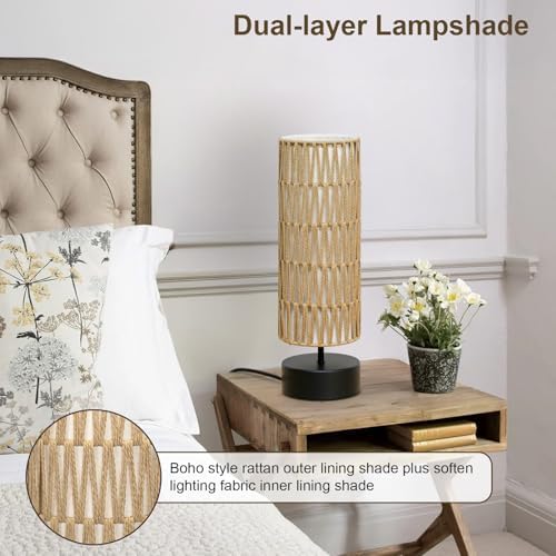 Rattan Table Lamp, Touch Control Bedside Table Lamp with Black Base, 3 Way Dimmable Nightstand Lamp with Dual-layer Shade, Boho Night Light for Bedroom Living Room Home Office, 9W LED Bulb Included - Image 6