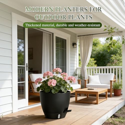Self Watering Pots with Drainage Holes, 2 Pack 10 Inch Plant Pots with Water Level Indicator Deep Reservoir, Large Plastic Planter for Indoor Outdoor Plants - Black - Image 6