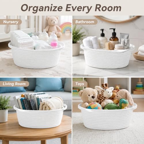 ABenkle Small Basket with Handles, Boho Decorative Rope Woven Dog Cat Toy Storage Bin Shelf Storage Organizer, Easter Christmas Gift Basket, 12"x8"x5", White - Image 4