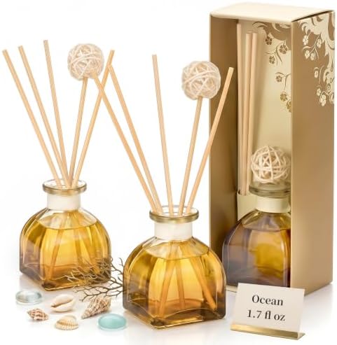 Ocean Reed Diffuser Set, 2 Pack 1.7 fl oz Glass Bottles, 5 Rattan Sticks & Rattan Ball, Plant-Based Non-Toxic Essential Oil, Fresh Long-Lasting Home Fragrance for Bathroom Living Room by WOHSEROM