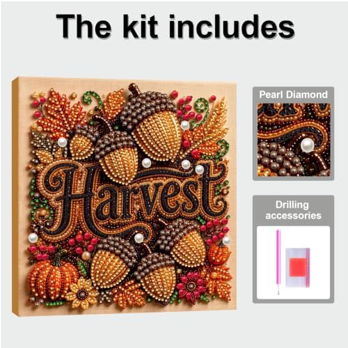 DIY Pearl Painting Kit for Adults, Autumn Harvest Fall Art with Wood Frame, 20x20cm Self-Adhesive Pearl Diamond Craft, Autumn Wall Decor Gift for Women, Beginners Relaxing Hobby Kit - Image 5