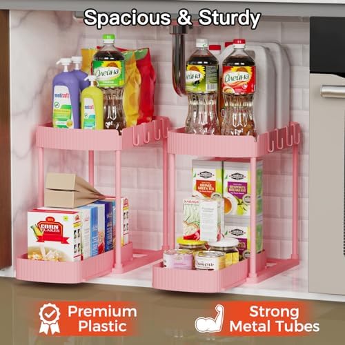 2 Packs Under Sink Pull-Out Storage Organizers, 14.8 Inches,Pink - Image 3