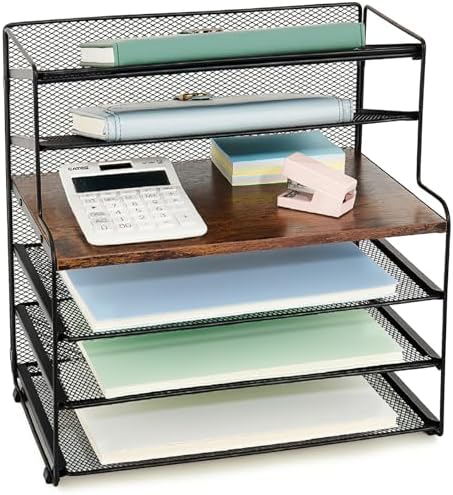 OPNICE Desk Organizer, 6-Tier Paper Organizer Letter Tray, Brown Wood by OPNICE