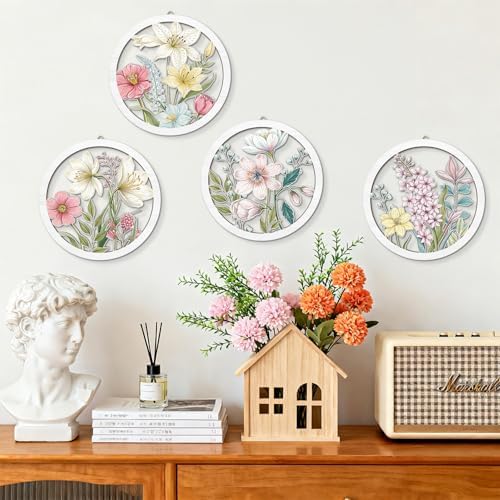 HPNIUB Boho Flower Wall Decor, Abstract Floral Market Wooden Wall Hanging Sign, 4 Pieces 10''x10'' Colorful Plant Wall Art, Minimalist Wildflower Botanical Wood Plaue for Girls Bedroom Living Room - Image 4