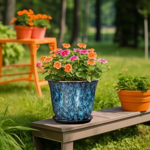 10 Inch Plant Pot - Ceramic Planter with Drainage Hole and Saucer, Round Flower Pots for Indoor Outdoor, Modern Decorative Planter for Plants, Home Office Decor, Plant Lover Gifts, Blue - Image 5