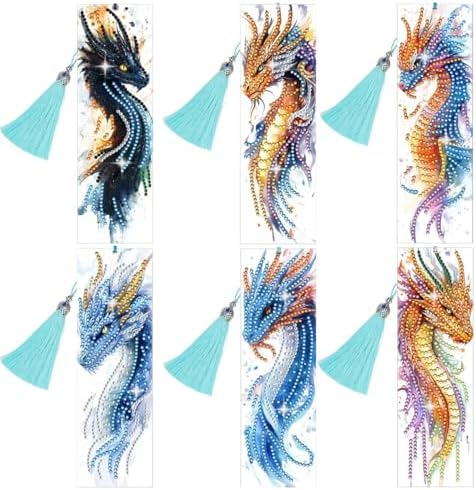 Puraikcmi 5D DIY Diamond Art Bookmarks Kit Dragon 6 PCS Acrylic Diamond Painting Bookmarks Kits with Tassels, Rhinestone Crafts Decoration Gift Set for Book Lovers Beginners & Adults (Partial Drill) by Puraikcmi