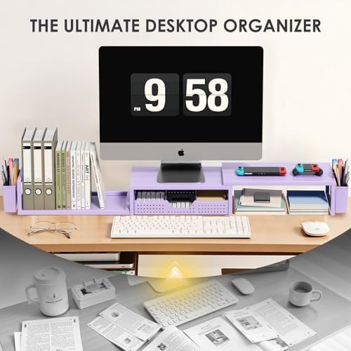 OPNICE Desk Organizers and Accessories, Dual Monitor Stand Riser with Drawer and 2 Pen Holders, Desk Shelf Printer Stand for Office Workspace Organizers, Desktop Organization (Purple) - Image 5