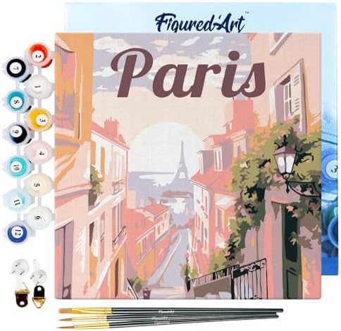 Figured'Art Mini Paint by Numbers Kit for Adults with Frame Travel Poster Paris Small Format 8"x8" - Craft Art Painting DIY Canvas Already Stretched on a Wooden Frame by FiguredArt