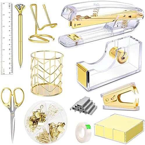 Gold Desk Accessories, Acrylic Stapler, Staple Remover, Tape Holder, Pen Holder, Ballpoint Pen, Scissor, Binder Clips, 1000pcs Staples, Phone Holder, Ruler, Transparent Glue and 300 Notes by Famassi
