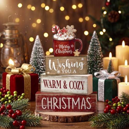 Moucuny 4 Pcs Christmas Coffee Table Decor for Home Kitchen, Wooden Cocoa - Image 2