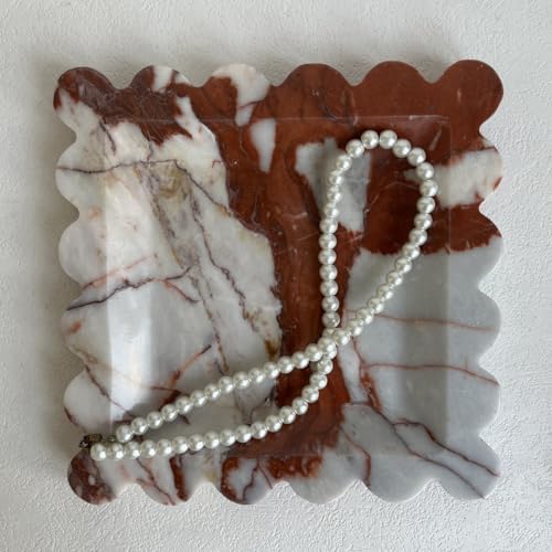 Vintage Natural Marble Tray Small Ornaments Scalloped Tray Handmade Storage Dish for Counter, Vanity, Dresser, Nightstand and Desk (Calacatta Red) - Image 3