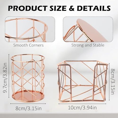 2 Pcs Square Post Note Holder and Circle Pen Holder, Metal suit for Home Office Supplies Workspace School for Desk Organize(Rose Gold) - Image 3