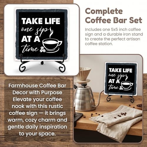 Coffee Bar Sign, Take Life One Sip at A Time Sign, Coffee Lover Gifts, 5x5 Wood Plaque with Iron Stand, Coffee-Themed Decor for Home or Cafe Tabletop – A04 - Image 7