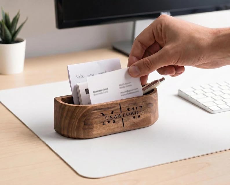 Natural Walnut Wood Desk Caddy, Minimalist Open Storage Organizer Tray for Business Cards Pens Small Office Desktop Accessories, Mid-Century Tabletop Wooden Catchall Holder for Home Office Workspace - Image 3