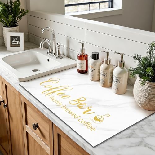 Findosom Dish Drying Mat, 17"x 32" Super Absorbent & Hide Stain Coffee Mat, Cuttable Drying Mat for Kitchen Counter, Coffee Bar Accessories, Under Dish Rack, Coffee Maker, Espresso Machine, White - Image 4