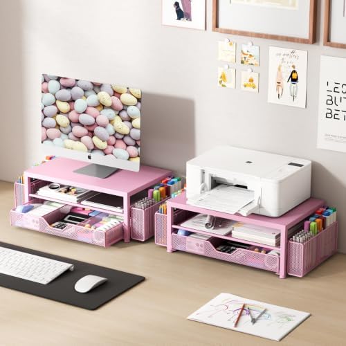 OPNICE Desk Organizers and Accessories, Computer Monitor Stand Riser with Drawer and 2 Pen Holders, Printer & Laptop Stand, Office Desk Accessories & Workspace Organizers for Home Office Supplies, Metal Pink - Image 6
