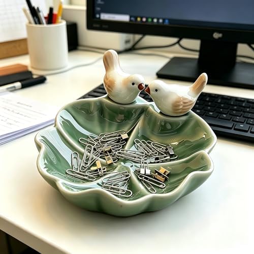 Ceramic Jewelry Tray Trinket Dish, Cute Bird & Lotus Leaf Design, Ring Holder, Seasoning Condiment Dish, Aesthetic Vanity Desk Decor for Bedroom Bathroom (green) - Image 5