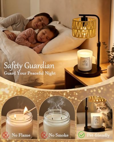 Candle Warmer Lamp, Timer Dimmable Candle Lamp, Adjustable Height and Brightness Candle Warmer, Boho Rattan Lampshade and 2 Bulbs, Suitable for Home Decor, Birthday Gifts for Women Mom (Black) - Image 3