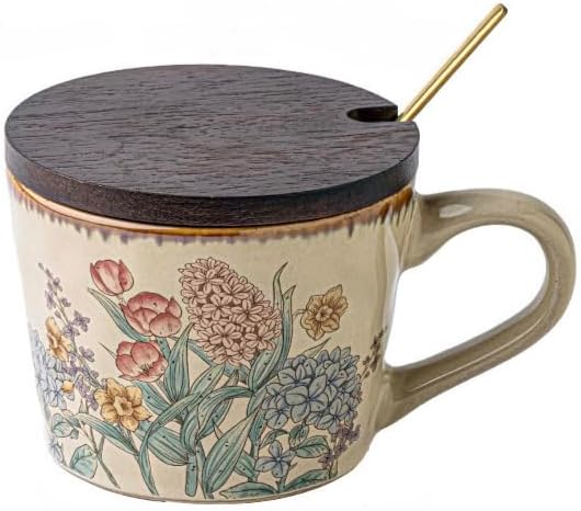 14OZ Ceramic Latte Mug, Cute Hyacinth Flower Coffee Mug For Women With Lid And Spoon, Retro Floral Cup For Green Tea OR Coffee,Hand Painted Floral Design Pottery Cute Mug(pink) by Unknown