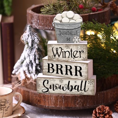 Moucuny 4 Pcs Winter Wooden Block Signs Farmhouse Table Decoration - Image 3