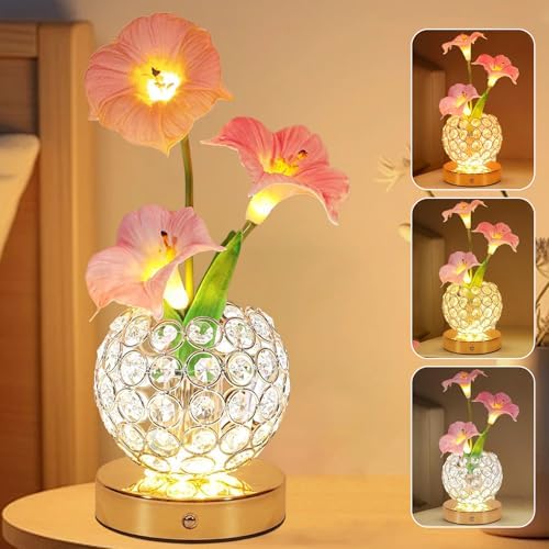 Flower Table Lamps, Rechargeable Cordless Desk Lamp, 3 Colors Dimmable Artificial Flowers Night Light, Morning Glory with Crystal Vase for Home Date Party Decoration (Morning Glory-Pink) by Strackvial
