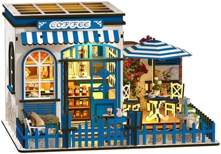 DIY Miniature House Kit, Coffee Shop Book Nook Kit, Mini Building Kit, Dollhouse Kit for Adults and Teens, 3D Wooden Puzzles with LED Light, Craft Kit for Family and Friends(Sunny Coffee Shop) by ANTREATU