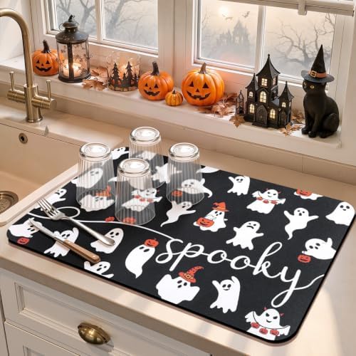 Findosom Ghost Halloween Dish Drying Mat, 12" x 20" Absorbent Coffee Mat - Image 7