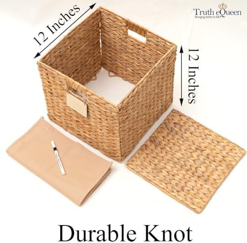Water Hyacinth Storage Baskets Set of 4, 12x12x12 Wicker Cube Storage Bins for Shelves, Woven Basket Organizer for Closet, Rattan Cube Shelf Bins, Canastas Para Organizar, Natural Handwoven - Image 2