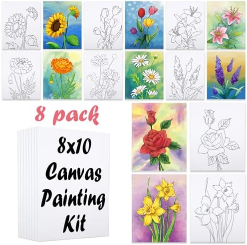 8 Pack Paint and Sip Kit for Adults, Flower Theme Pre Drawn Canvas to Paint Stretched Outline Canvas Art Painting Set Lady Night Party Favor Supplies Gift(8x10) by VOCHIC