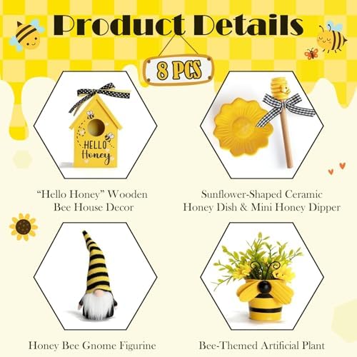 Spring Decorations for Home 8 Pcs Summer Bumble Bee Tiered Tray Decor Set - Image 3