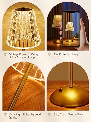【3200mAh】Brass Table Lamp, 3 Colors+Dimmable+Touch Crystal Lamp LED Gold Lamp, Mood Lighting Mood Light, Brass Decor for Bedroom/Bathroom/Kitchen/Dinner/Bar/Entryway/Buffet, Traditional Home Decor - Image 6