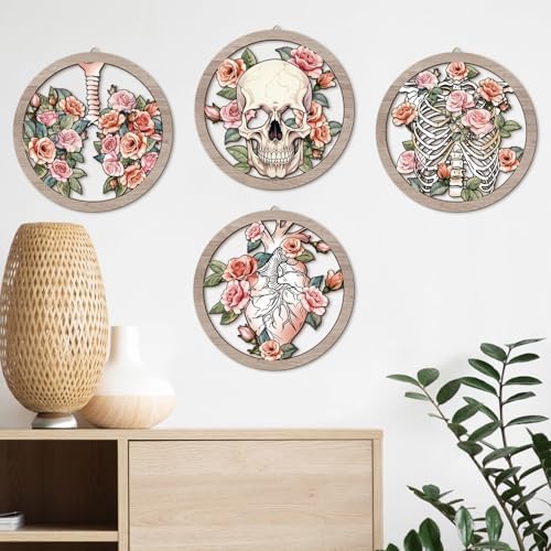 HPNIUB Medical Human Anatomy Wall Decor, Farmhouse Medical Anatomical Hanging Wooden Wall Art, 4 Pieces 9.84''x9.84'' Pink Floral Heart Skull Anatomy Wood Sign for Nursing Doctor Room Living Room - Image 7