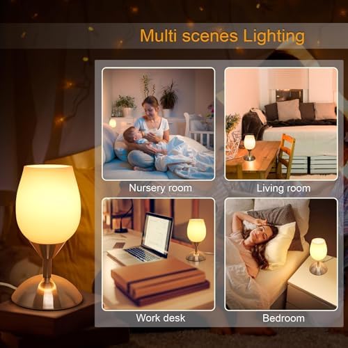 Small Touch Lamp for Bedroom Nightstand, 3-Way Dimmable Bedside Lamps Opal Glass Desk Lamp Silver Base, Tiny Table Lamp for Small Spaces Ambient Lighting for Living Room, E12 Bulb Included - Image 5