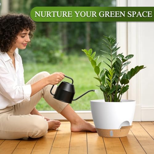 Self Watering Pots with Drainage Holes, 3 Pack 12/10/8 Inch Plant Pots with Water Level Indicator Deep Reservoir, Large Plastic Planter for Indoor Outdoor Plants - White Brown - Image 7