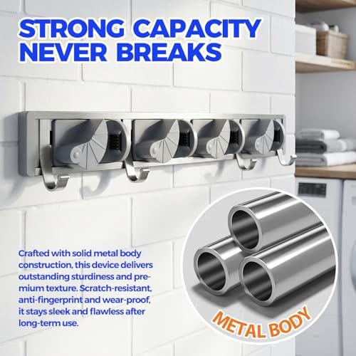 Holikme Mop Broom Holder Wall Mount Metal Pantry Organization and Storage Garden Kitchen Tool Organizer Wall Hanger for Home Goods (4 Positions with 4 Hooks, Silver) - Image 2