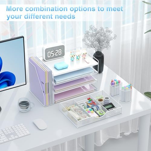 gianotter Wood Desk Organizers and Accessories with File Holder, 4-Tier Desk Accessories & Workspace Organizers with Drawer and 2 Pen Holder, Desk Reference Organizer (White, 4T with Metal Drawer) - Image 4