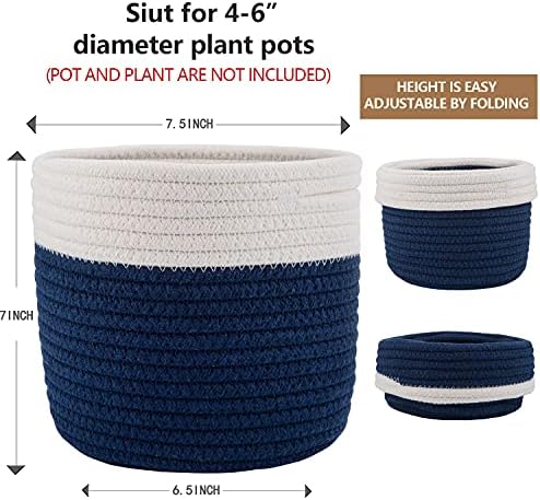 Cotton Rope Woven Baskets for 6" Pot White Stitching Navy Blue - Image 3
